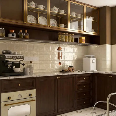 High-End Brown Wood and Glass Kitchen Cabinets - View 6