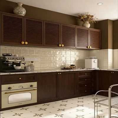 High-End Brown Wood and Glass Kitchen Cabinets