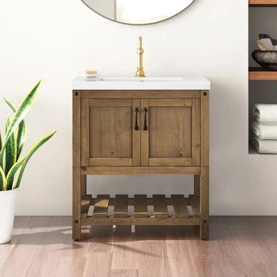 Floor-Standing Solid Wood Bathroom Vanity with LED Mirror - View 4