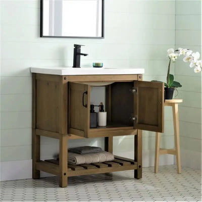 Floor-Standing Solid Wood Bathroom Vanity with LED Mirror