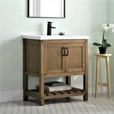 Floor-Standing Solid Wood Bathroom Vanity with LED Mirror - View 2